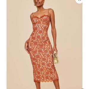 Rust Lace Strappy Cup Detail Midi Dress